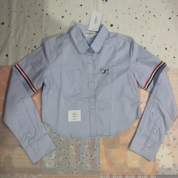 Thom Browne Womens Double Sleeve Logo Cropped Shirt - Picture 1 of 9